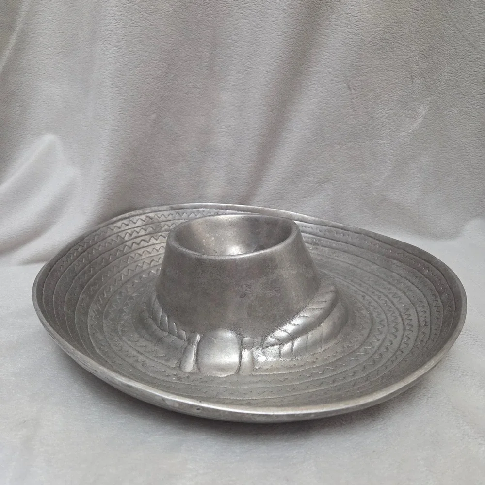 Vintage Mexican Sombrero Chip and Dip Server Cast Metal Salsa Platter